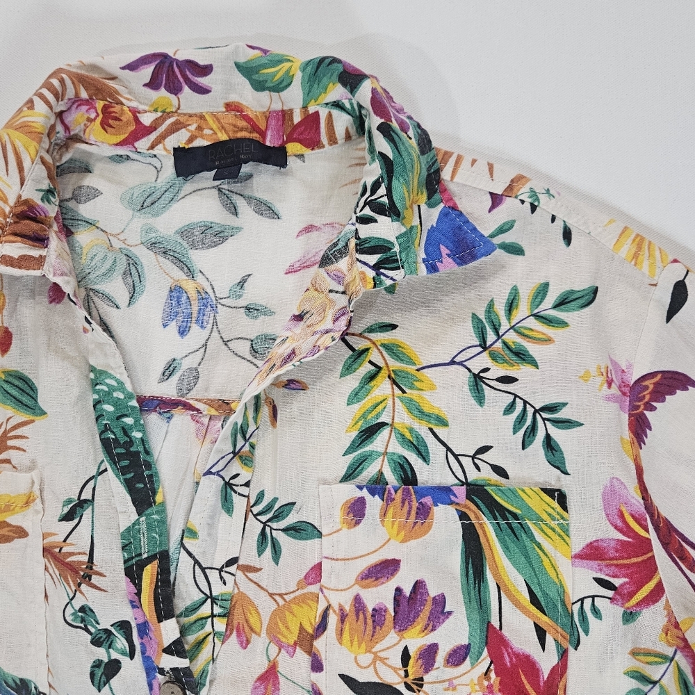 Rachel Roy Linen Top Womens Small White Multicolor Tropical Floral Button Down - Picture 5 of 6